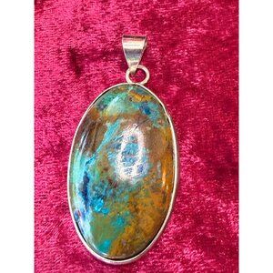 925 Chrysocolla Oval Sterling Silver Pendant 2 Inches Long Polished Stone Jewelr